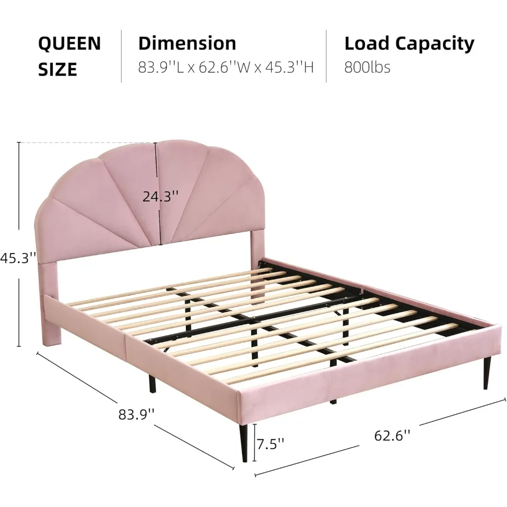 Pink Bed Frame Queen Size, Heavy Duty Upholstered Bed with Unique Headboard, Soft Velvet Platform Bed with Wooden Slats Support