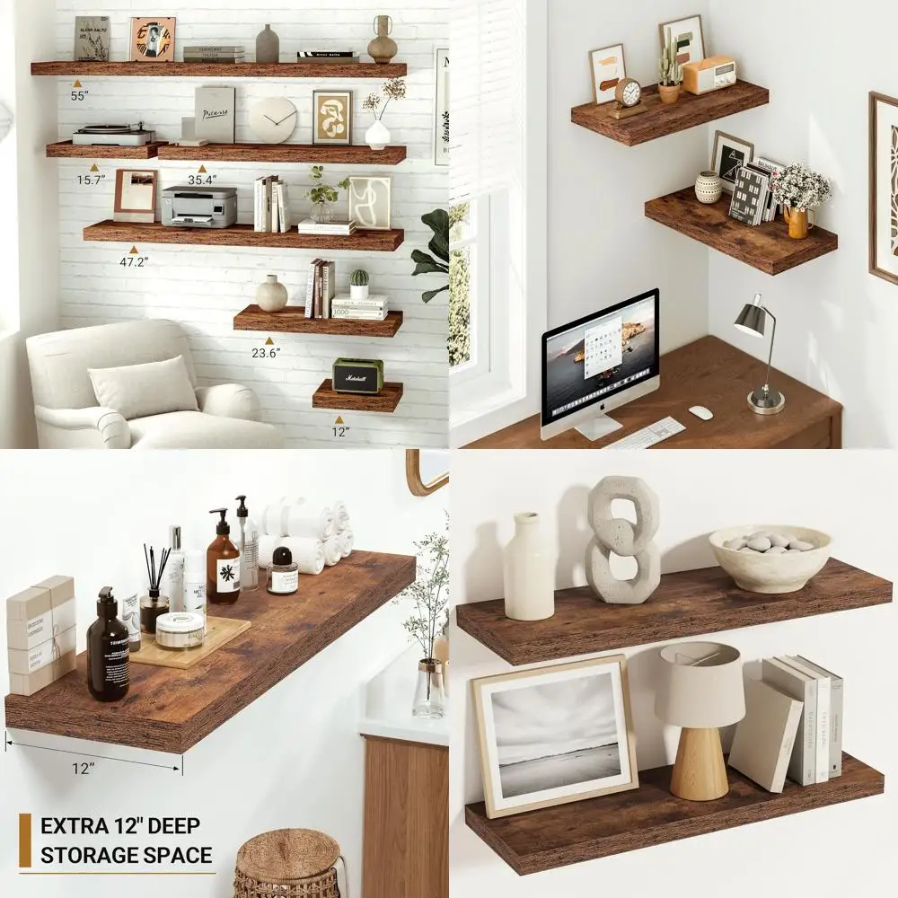 

12 Inch Deep Floating Shelves, 24x12 Wall Mounted, Invisible Brackets, Suitable for Living Room, Bedroom, Bathroom, Rustic Brown