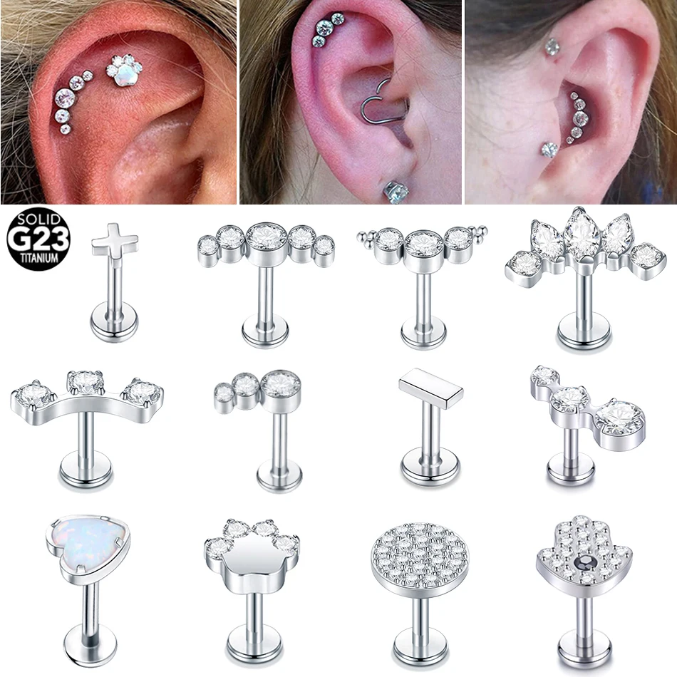 1PC Titanium 16G CZ Gem Labret Stud Lip Rings Zircon Cluster Ear Cartilage Tragus Helix Daith Earring Piercings Women Jewelry