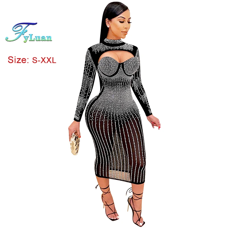 2025, Produkt für Damen, Party, Nachtclub, Netz, Diamanten, heiße Strasssteine, lange Ärmel, durchsichtiger Ausschnitt, figurbetont, sexy Partykleider