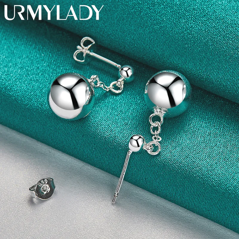 

URMYLADY 925 Sterling Silver 10MM Smooth Bead Stud Earrings For Women Wedding Engagement Party Fashion Jewelry