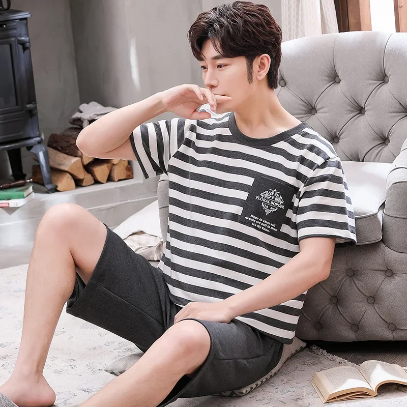 

3XL Plus Size Summer Men's Pajamas Soft Cotton Print Short-Sleeved Shorts Loose Homewear Set Korean Teenage Youth Sleepwear