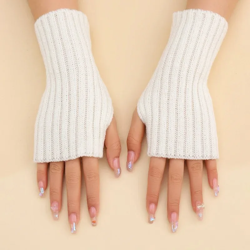 Autumn Winter Fashion Warm Fingerless Solid Color Ribbed Knitted Short Gloves Arm Warmers Versatile Fingerless Gloves