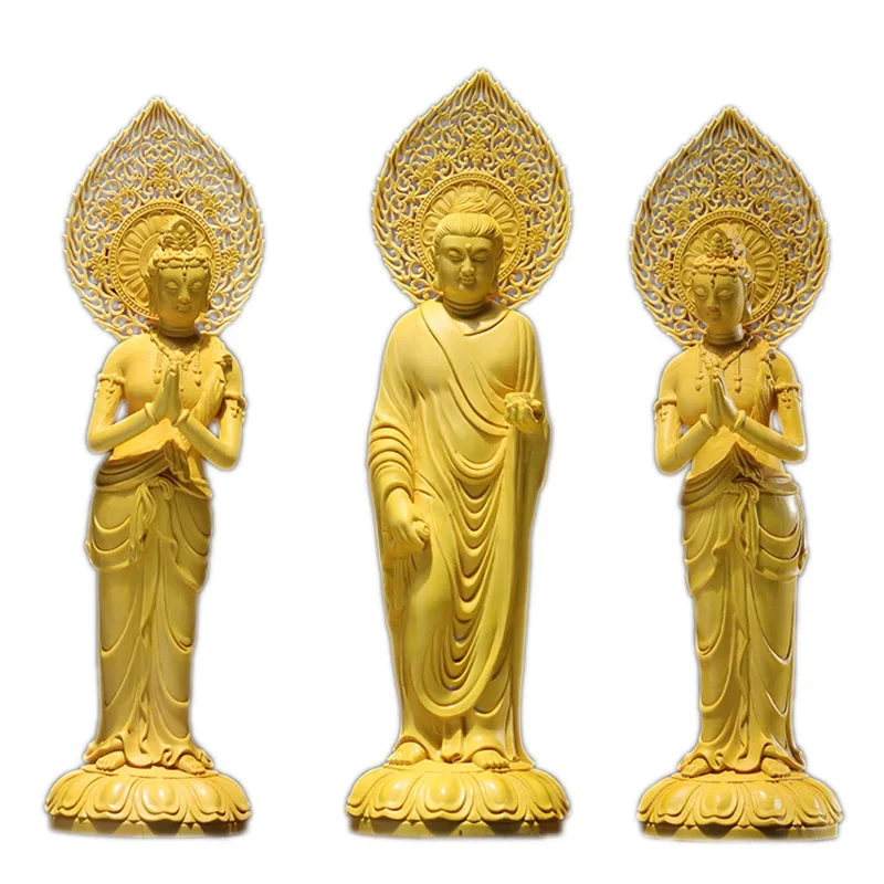 Handcrafted Trio of Wooden Statues, Serene Shakyamuni, Compassionate Guan Yin, Feng Shui Buddha, Spiritual Wood Carvings