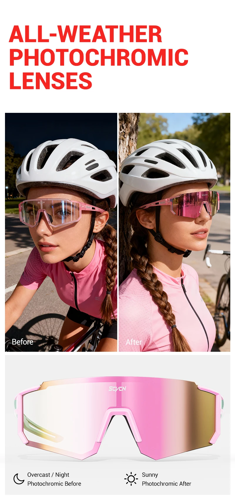 SCVCN Süße Rosa Fahrradbrille, Fahrrad-Fotozubehör, Golf-Okulare, Camping-Sonnenbrille, UV400 Outdoor-Sportausrüstung – Detail 3