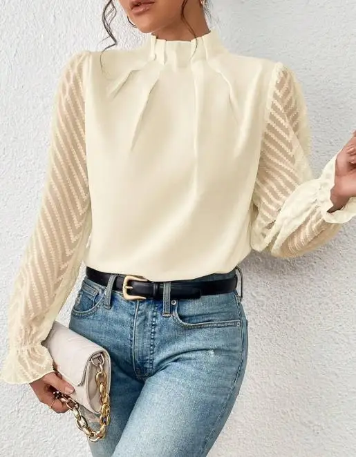 

2025 Autumn/winter New Half High Collar Splicing Wave Pattern Chiffon Long Sleeve Top for Women