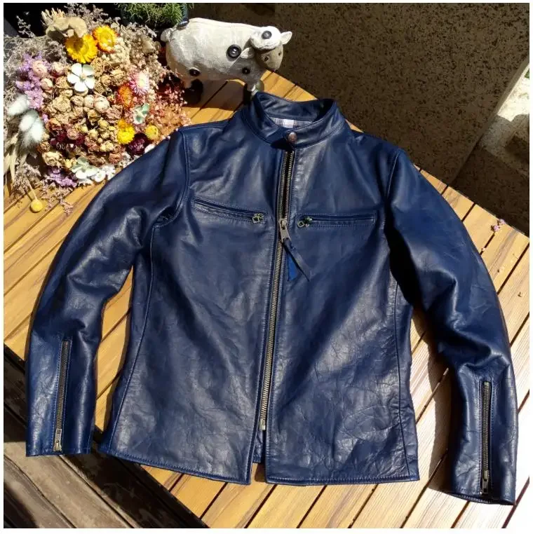 LNY Shop Top.Wholesales.Classic Motorcycle Leather Jacket.Outdoor indigo J100 style rider horsehide coat.soft genuine leather