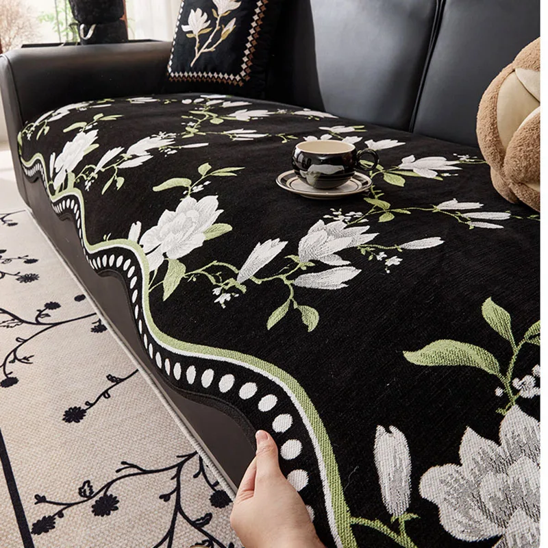 Retro Irregular Chenille Sofa Cushion Floral Print Anti-Slip Cover for Living Room Four Season Universal Furniture Slipcover
