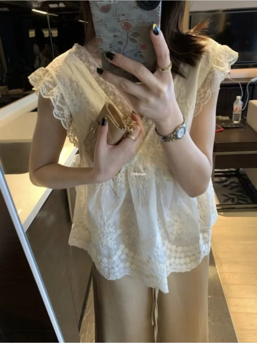 Ele Embroidered Lace Top Women's Loose Fit Cotton Polyester Blend Heavy Work Embroidery Fairy T Sle Summer Casual Wear