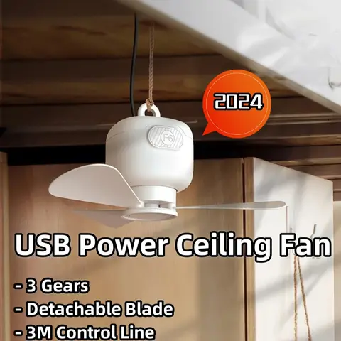 2024 Neuer kleiner USB-Deckenventilator mit 3 Gängen, Windgeschwindigkeitseinstellung, abnehmbare Flügel, langlebig, geräuschlos, große Leistung, Innen- und Außenventilator