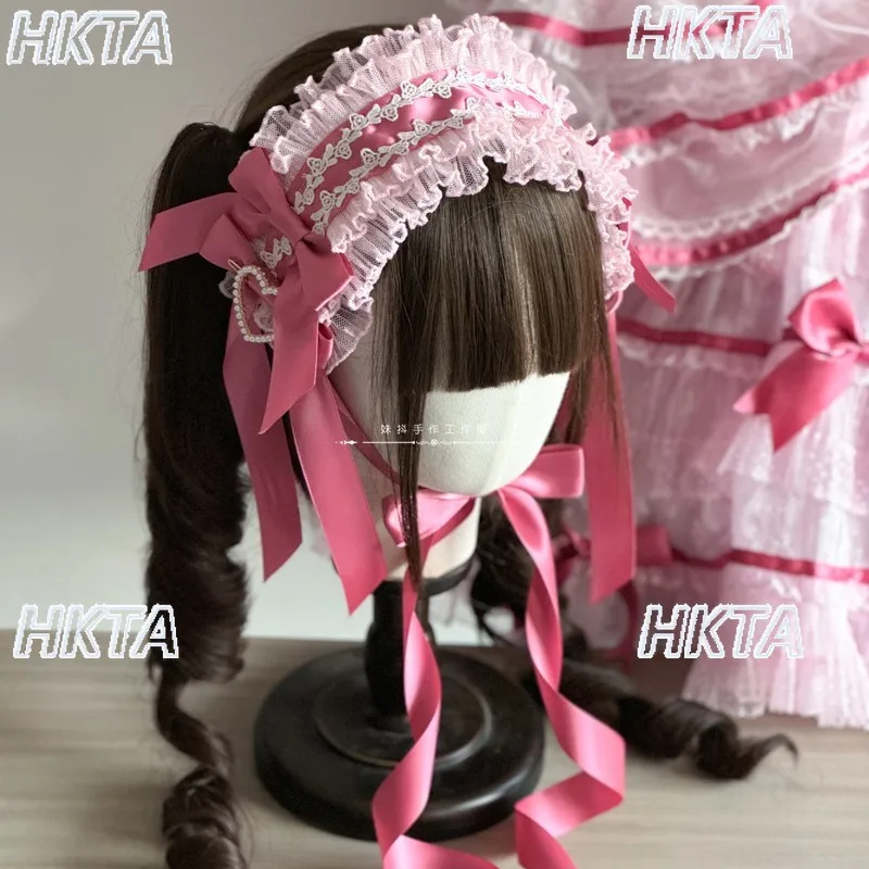 Zoete schattige Lolita handgemaakte productie kant boog parel roze hoofdbanden BNT hoed Kawaii cosplay accessoires haarspeldjes hoofddeksel vrouwen
