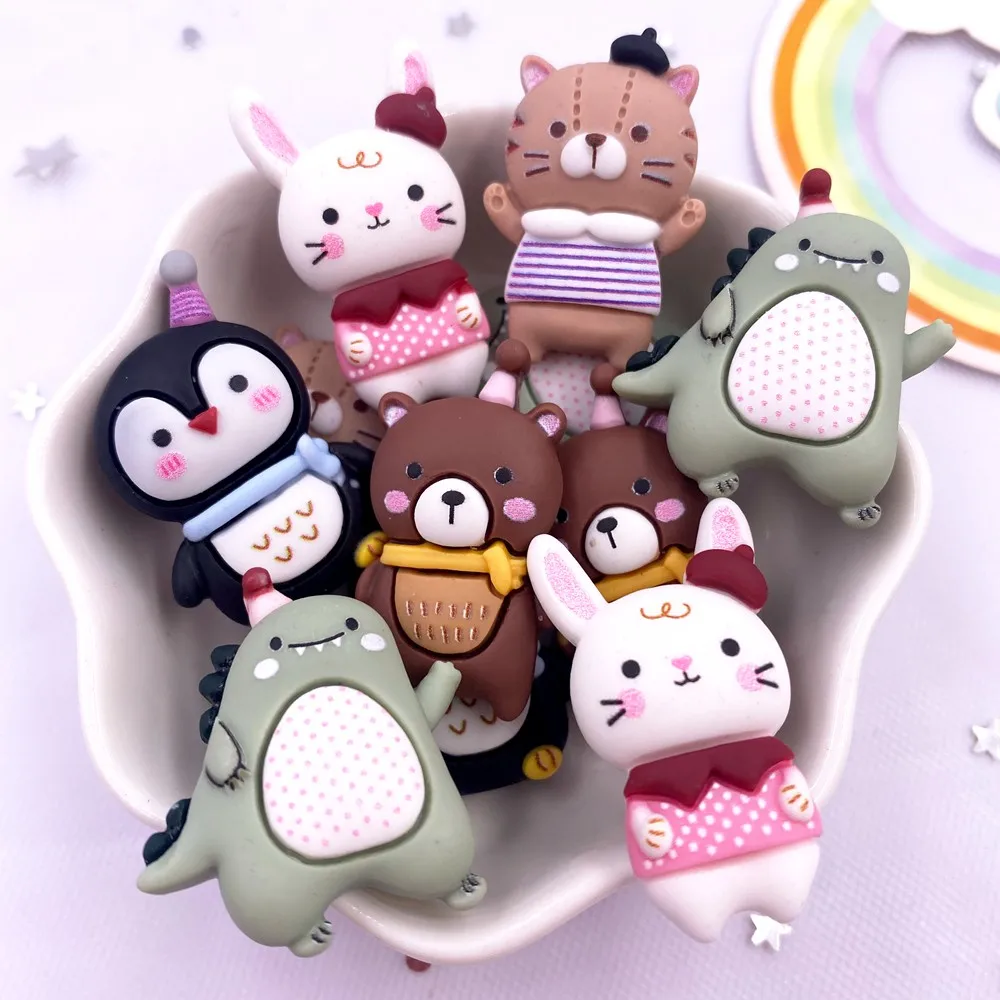 Handbemalte Harz Kawaii bunte Kaninchen Bär Pinguin Dinosaurier Flatback Stein Figur 10PCS Scrapbook DIY Bogen Dekor Handwerk OM4 – Detail 1