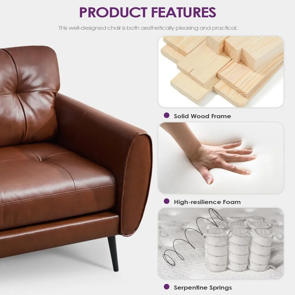 Современный коричневый кожаный двухместный сиденье середины века, 61, маленький, 28 x 60,6 x 30,7, 2-местный, каштаново-коричневый, тафтинговый, удобный, идеально подходит для