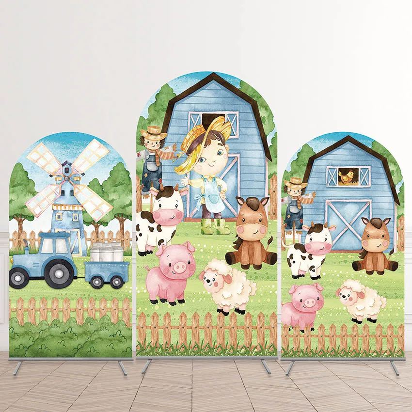 

Mehofond Custom 2-Sided Blue Farm Barn Animal Boys Birthday Party Baby Shower Covers Chiara Arch Background Decor Backdrop Photo