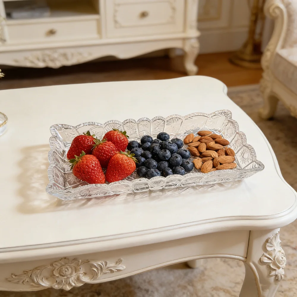 

Creative Retro Embossed Glass Tray Light Luxury Lace Pattern Dessert Tray Household Cosmetics Storage Tray Flat Bottom Storage
