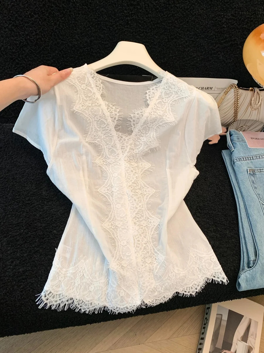 

White Lace Splice Short Sleeve Shirt Women's Summer New Style Thin Design V-neck Top Fashionable And Good-looking CJ