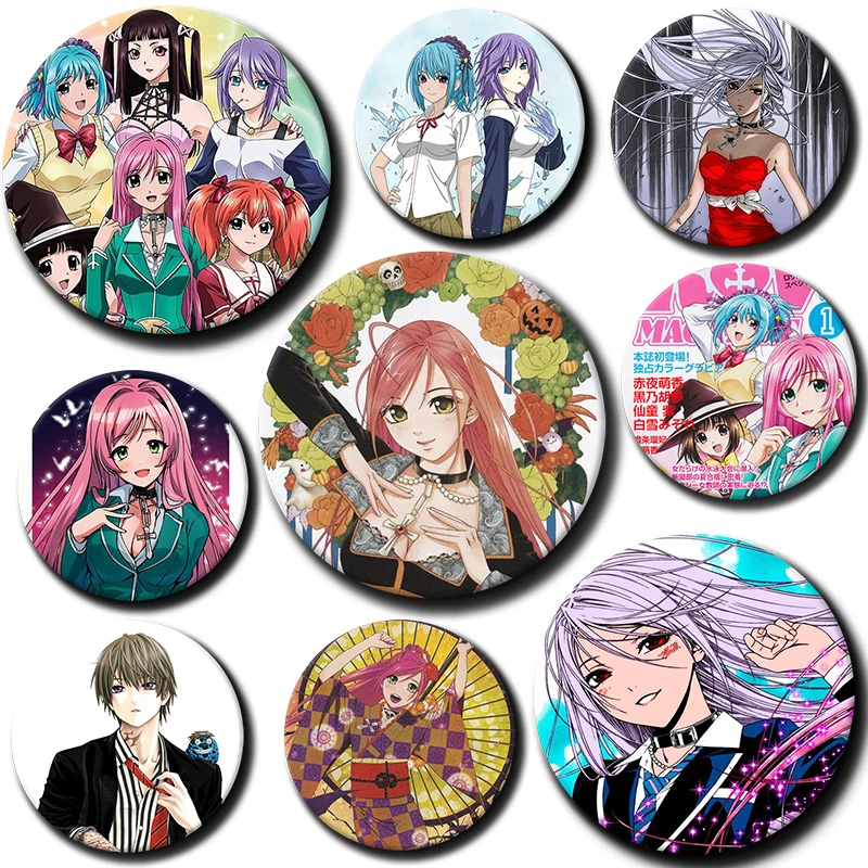 Ura Moka,Akashiya Moka,Aono Tsukune Cartoon Brooches Rosario + Vampire Badge Round Anime Lapel Pins for Backpack Accessorie Gift