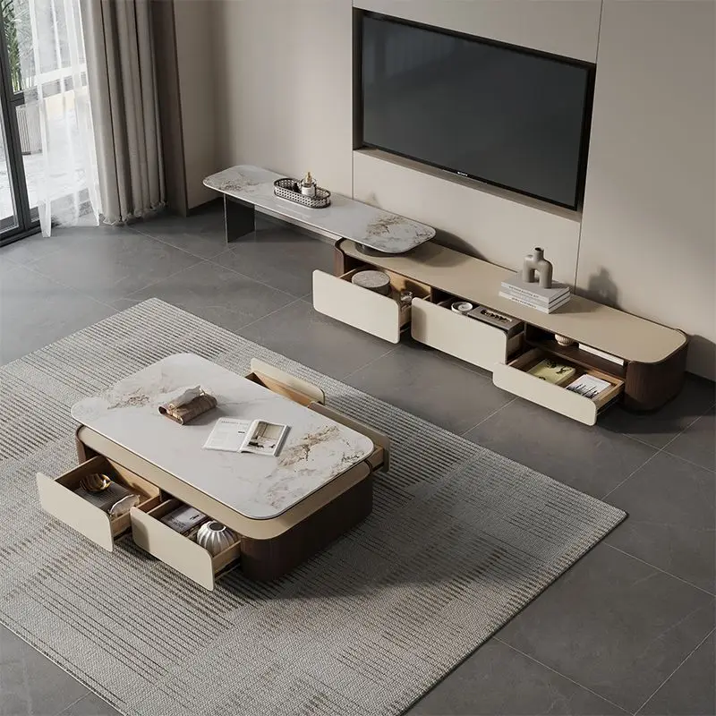 Drehbare kleine Wohnung, leichte, luxuriöse, rechteckige Steinplatte, Couchtisch aus massivem Holz, einziehbarer TV-Schrank