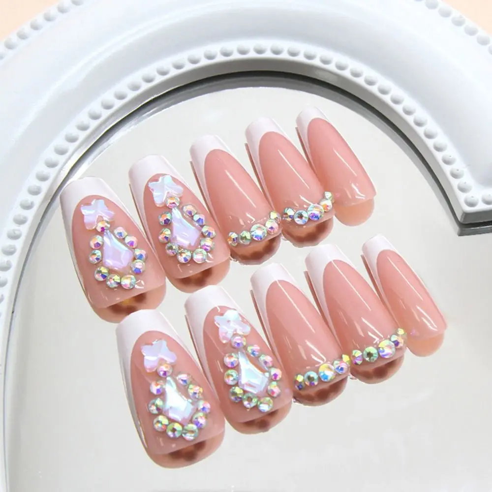 เล็บปลอมทรงบัลเลริน่าแบบถอดได้ 24 ชิ้น ขอบสีขาว ประดับเพชรระยิบระยับ เล็บปลอมแบบฝรั่งเศส ปิดเต็มเล็บ สำหรับผู้หญิง