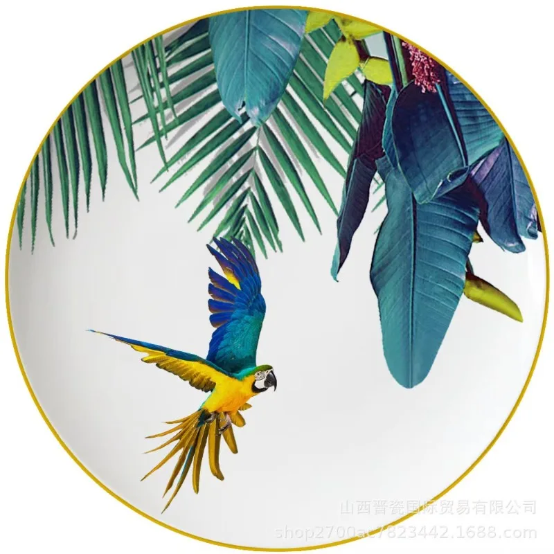 New Parrot Bone China Tableware Set Pastoral Phnom Penh Western Food Plate Household Bowl Coffee Cup Platos De Cerámica