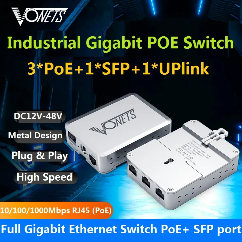 VONETS VSP510 Switch Gigabit Industrial de 5 Puertos, Switch de Red Ethernet POE, Divisor Ethernet RJ45, Plug&Play, Metálico, SFP