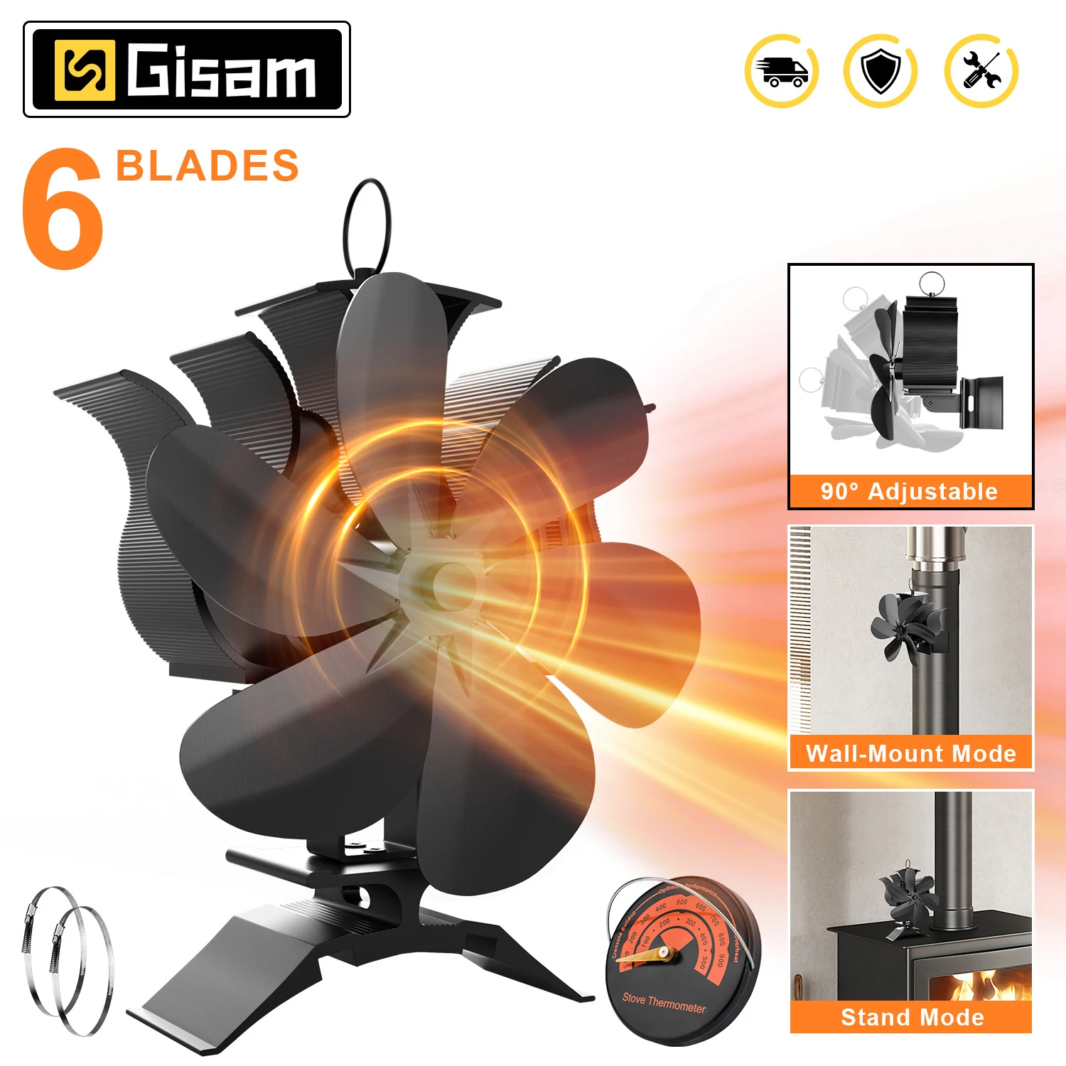 Gisam 6 Blades Stove Fan Heat Powered Fireplace Fan Log Wood Burner Eco-fan Quiet Fireplace Fan Home Winter Heat Distribution