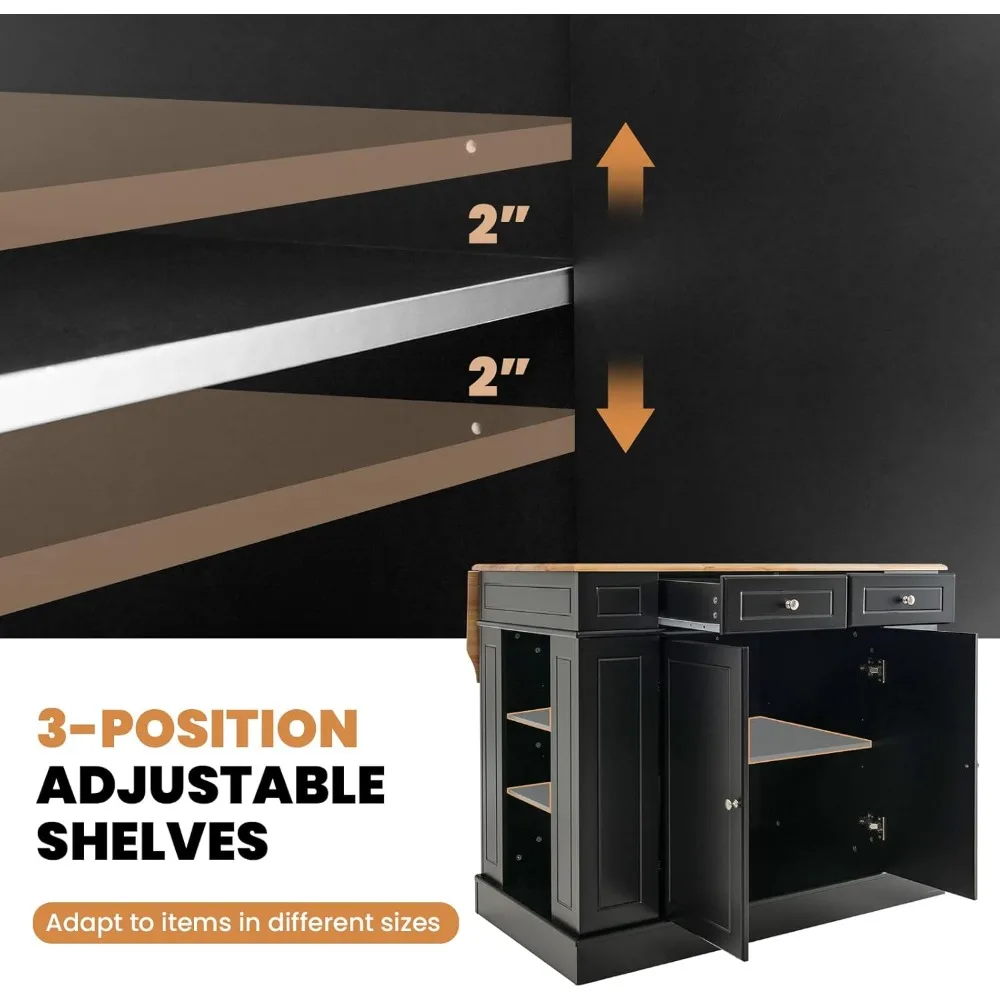 Kitchen Island with Drop Leaf, Kitchen Storage Cabinet with Rubber Wood Top, 2 Drawers, 5 Adjustable Shelves & Spice Racks