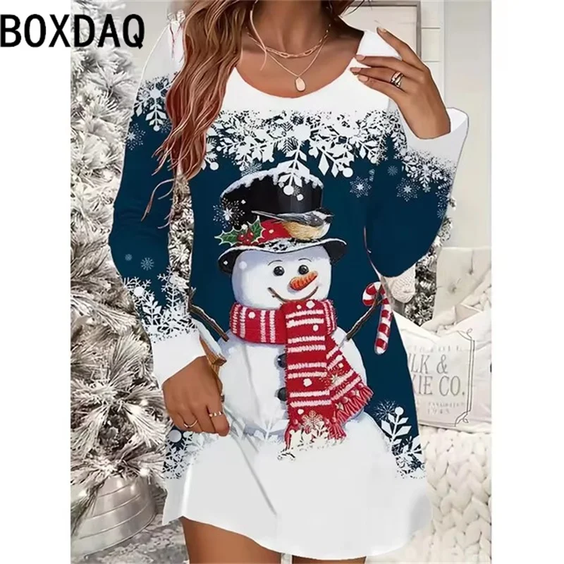 Ladies\' Christmas Party Dress New 3D Red Christmas Snowman Printed Dress Long Sleeve O-Neck Casual Loose Mini Dress Vestidos