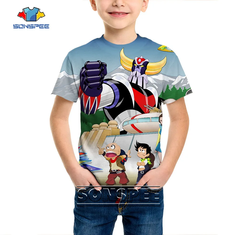 SONSPEE Summer New Vintage Anime Grendizer 3D Print Child T-shirt O-neck Hip Hop Goldorak Kids Tops Punk Robot Shirts Pullover