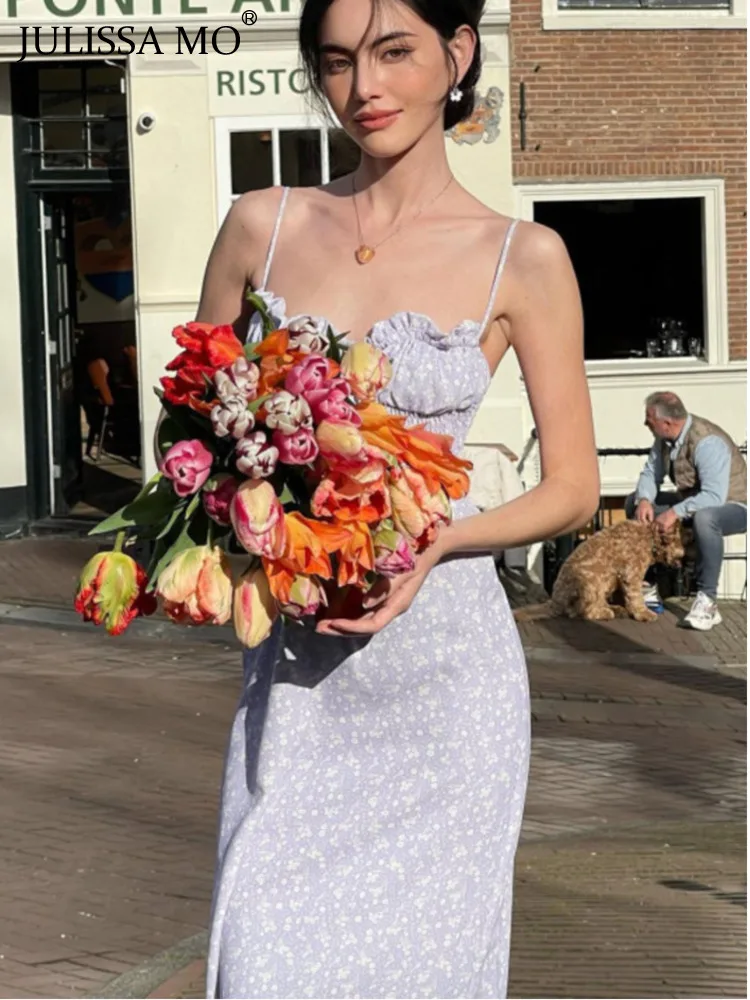 

JULISSA MO Elegant Silp Floral Print Lace-up Women Midi Dress Backless Off Shoulder Ruched Slim Dress Ladies Evening Dress New