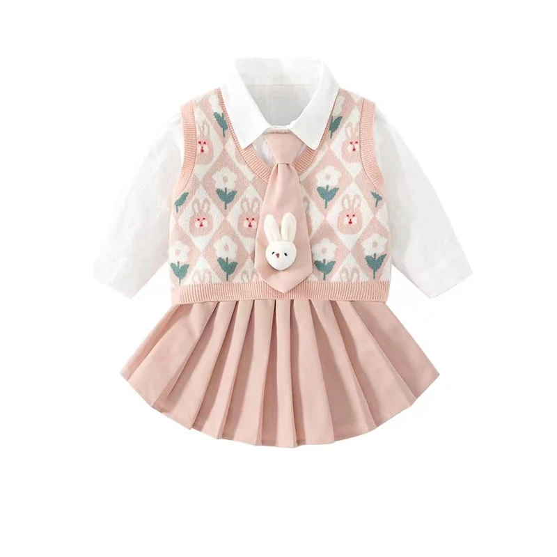 Ragazze dolci abiti autunno bambini bambini bambino primavera risvolto camicia + maglione gilet + gonna a pieghe 3 pezzi set