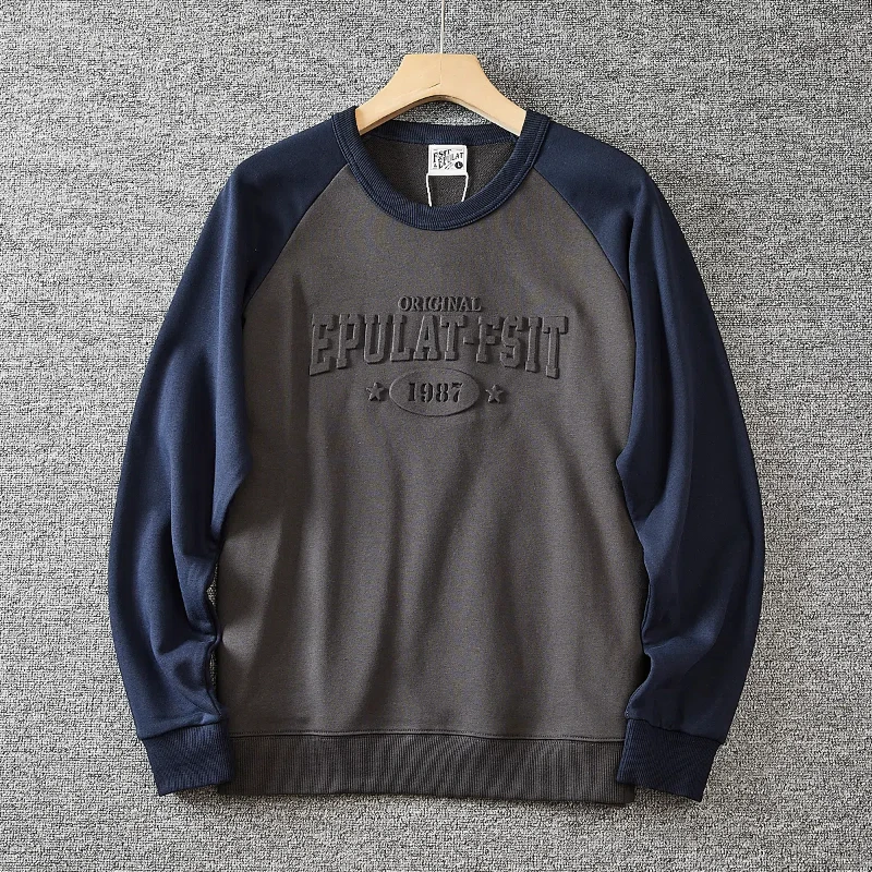 Autumn New American Retro Long Sleeve O-neck 3D Letter Printed Sweatshirts Men\'s Fashion Washed Terry Pullover Casual Sportwear