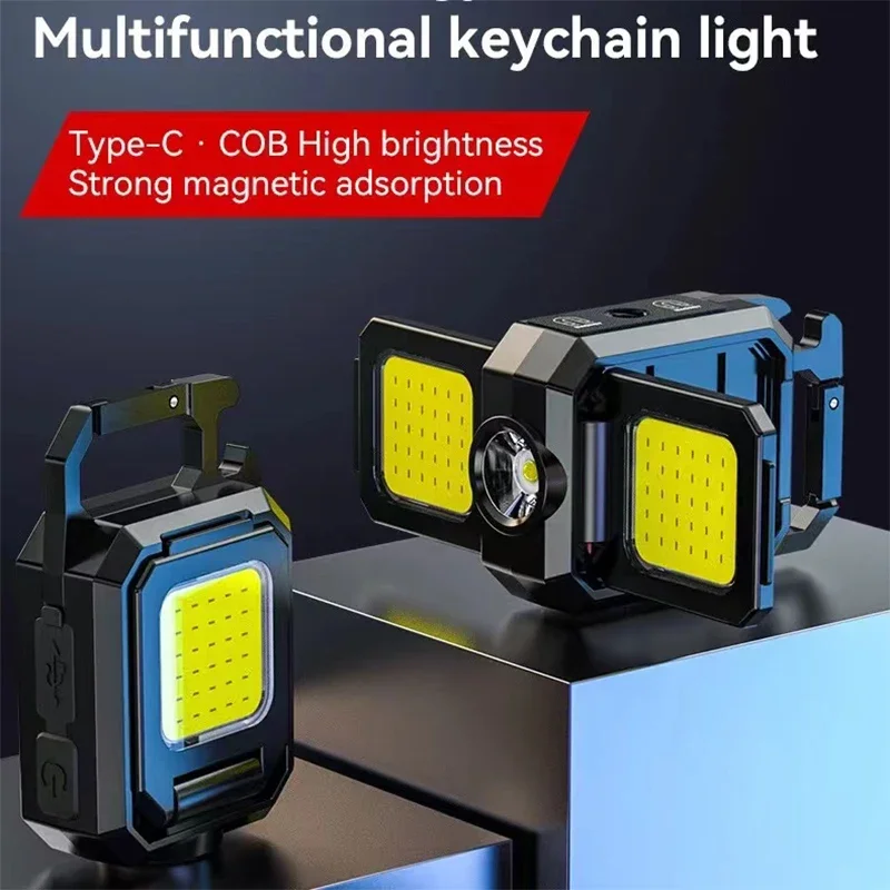 Portable Mini LED Torches, COB Keychain Work Light, 90° Foldable Lamp, IPX5 Waterproof Rechargeable Flashlight with Magnet Base