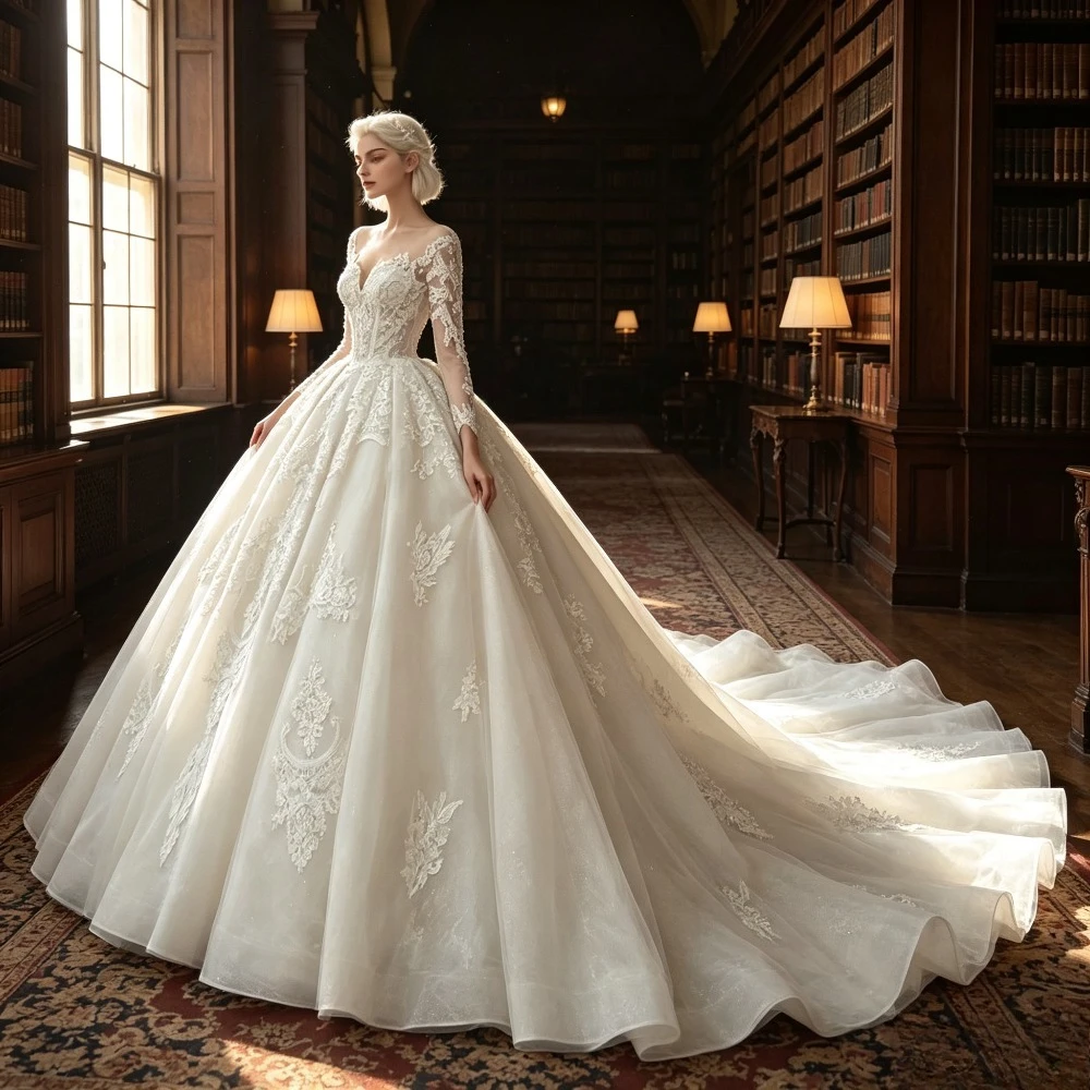 Customized 2026 Lace Long Sleeved Applique Long Tailed Wedding Dress Luxurious Strapless Pleated Princess Fluffy Bridal Gown