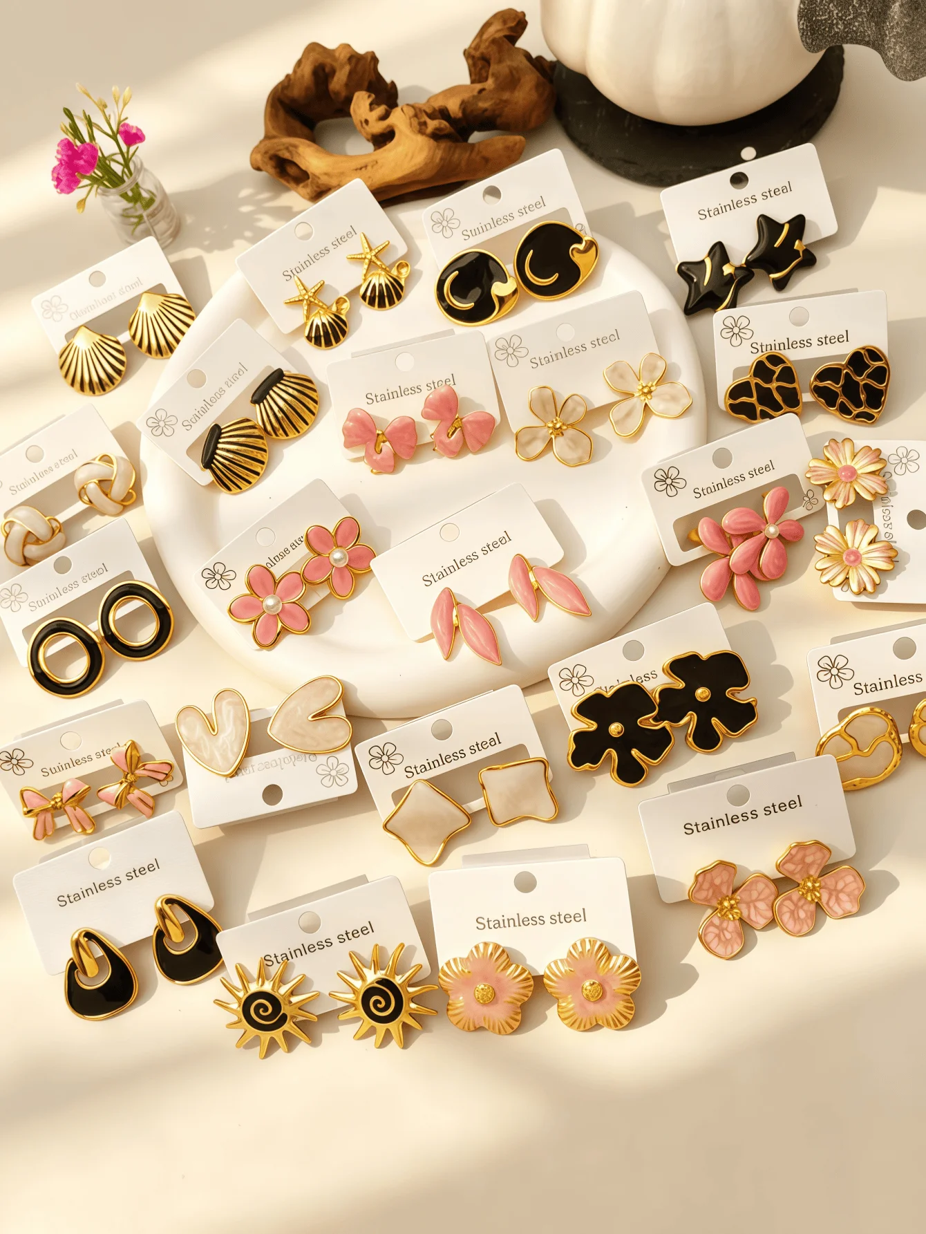 Stainless Steel Enamel Stud Earrings Gold Plated Pink Black Flower Shell Heart Bow Geometric Drop Oil Earrings Vintage Women Jew