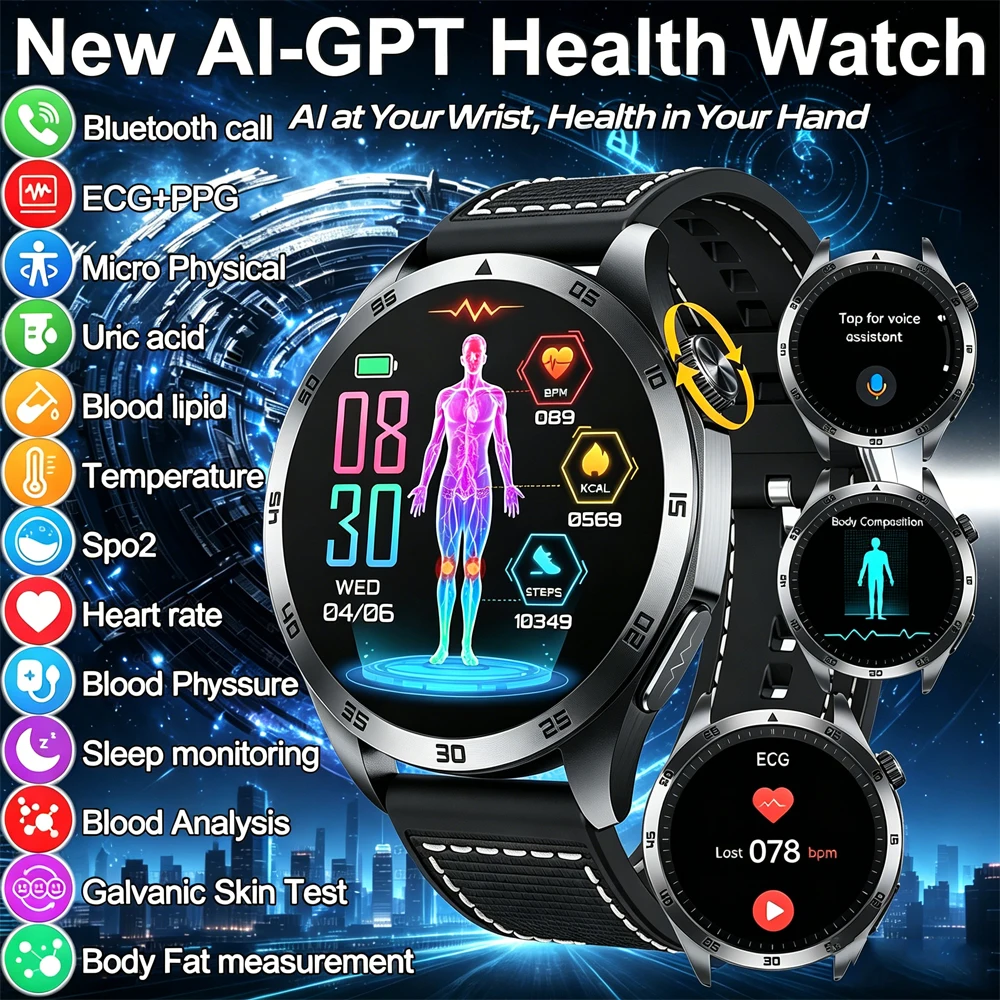 

For iOS Android New Health Measurement SmartWatch Men Blood Oxygen Uric Acid ECG+PPG Body Blood Pressure HD Bluetooth Call Watch