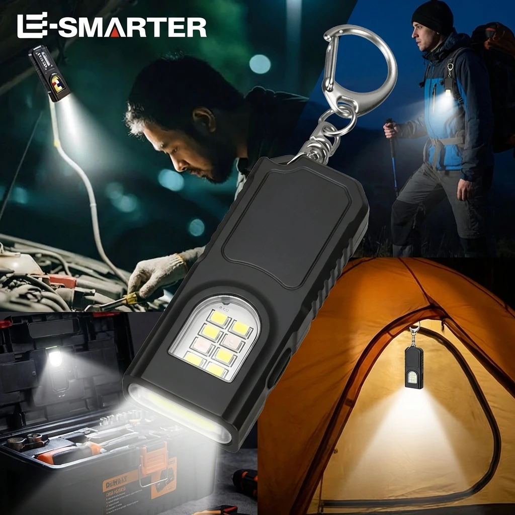 USB Rechargeable Multifunctional Keychain Flashlight  Mini Flashlight With COB Work Light Keyring Camping Walking Pocket Lamp