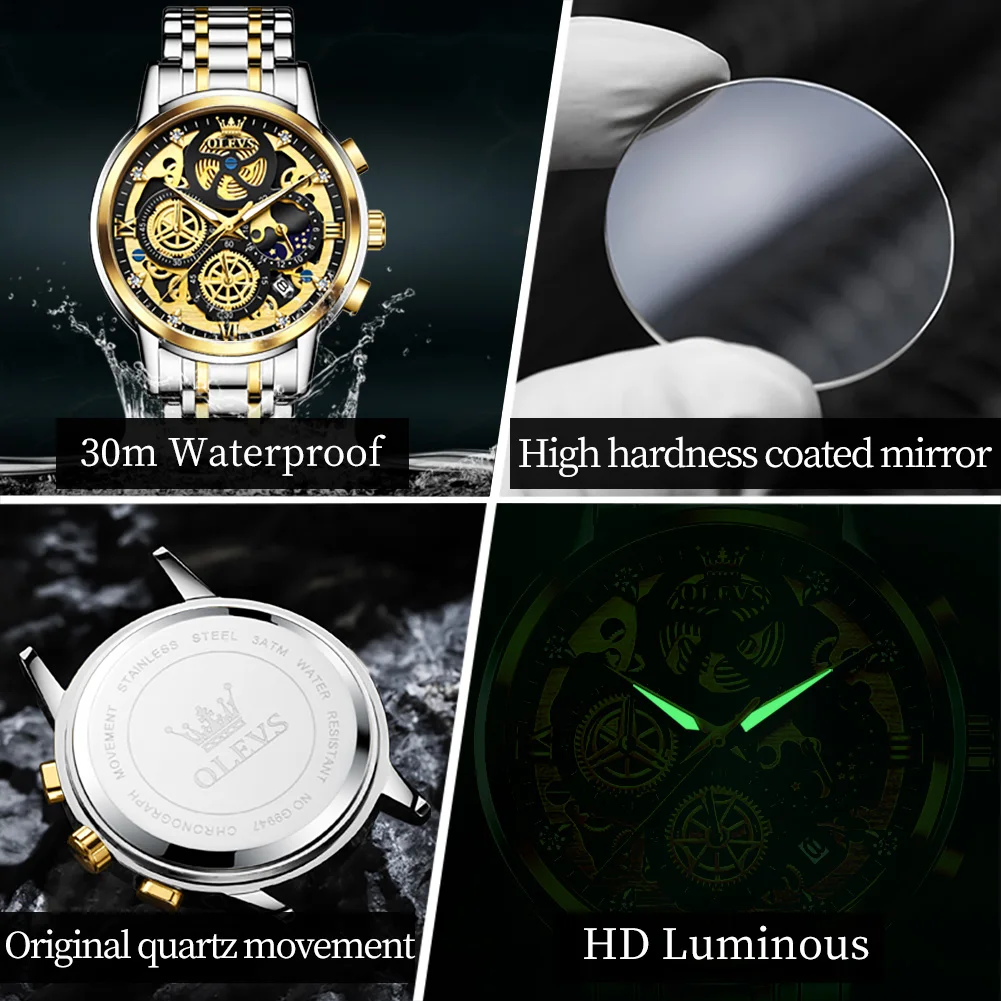 OLEVS Men\'s Quartz Watch Skeleton Stainless steel Waterproof Luxury Business Luminous Gold Watch Quartz Men\'s Watch Reloj Hombre