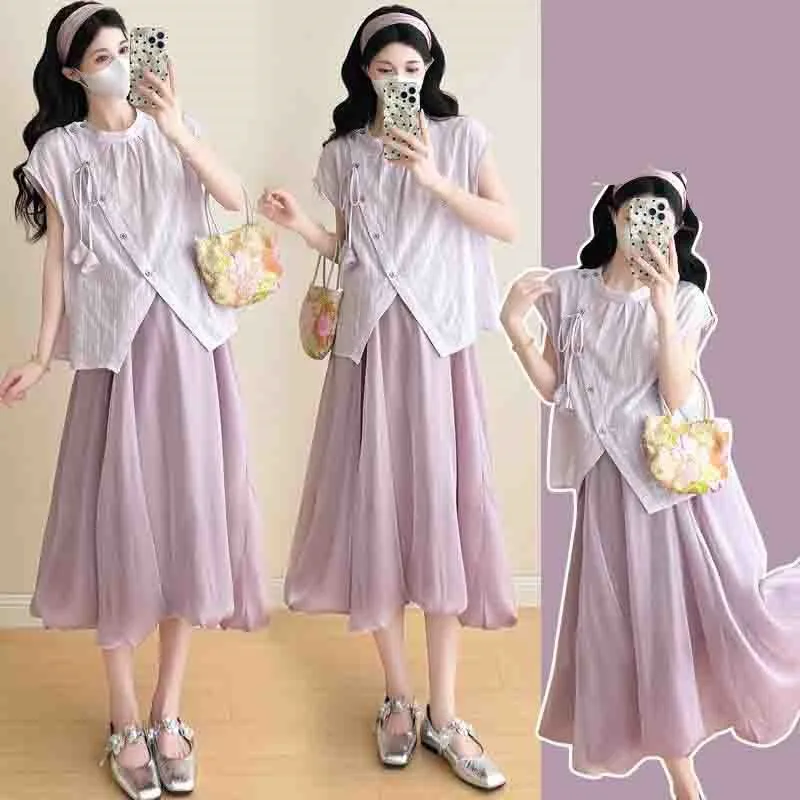 

2025 Summer Pregnant Women's Clothing New Short sleeved Top Skirt 2-piece Set Maternity Breathable Top Dress 2-Piece Set LI197