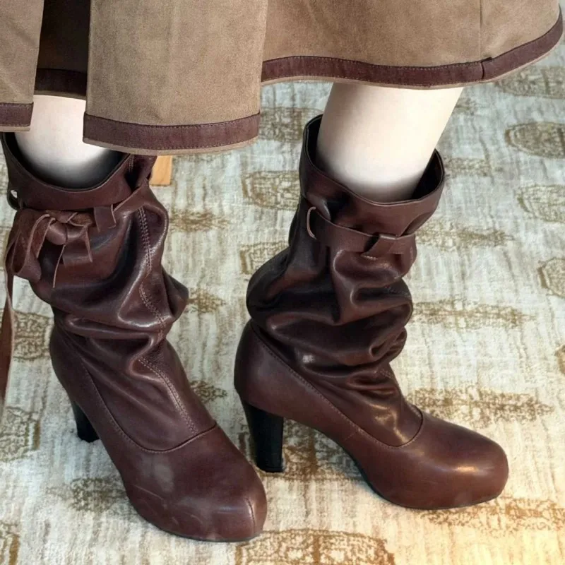 Stylish Mid-Calf Boots for Women 2026 New Fall Cow Split Leather Upper Sheepskin Lining Medium Heel Casual Daily Fashion