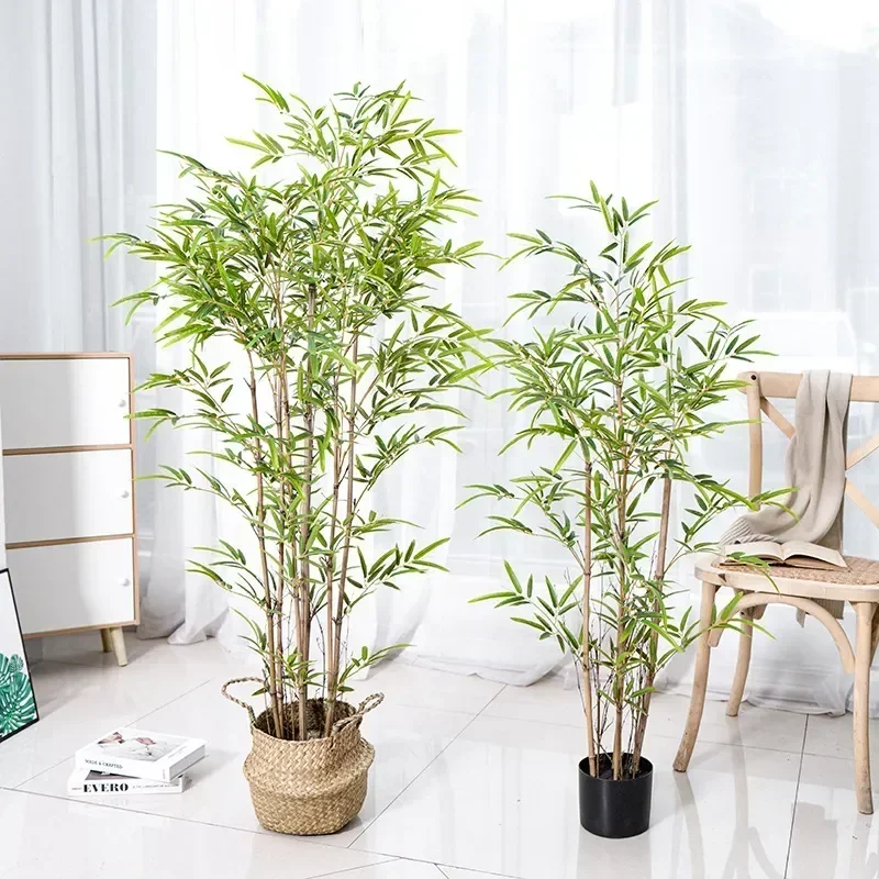 

90/120cm Artificial Bamboo Tree Potted Green Plants Fake Silk Leaves Real Branches Bonsai for Home Garden Wedding Outdoor Decor