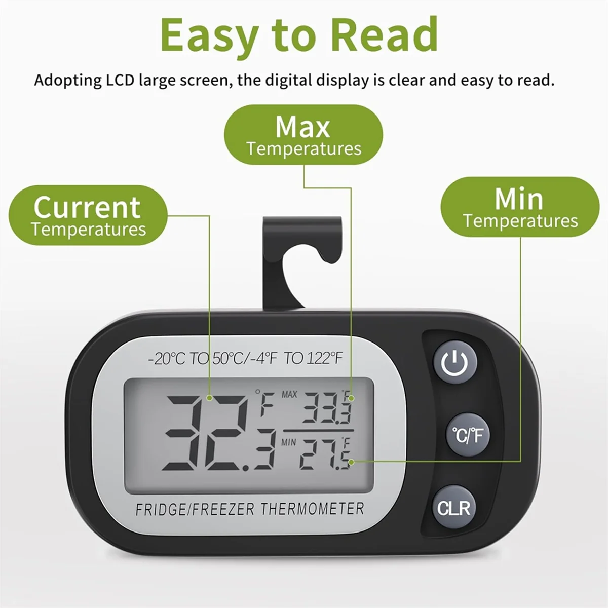 ABNJ Digital Frigerator Thermometer 2 Pack, Thermometer Refrigerator with Large LCD Screen Stand and Magnetic Back