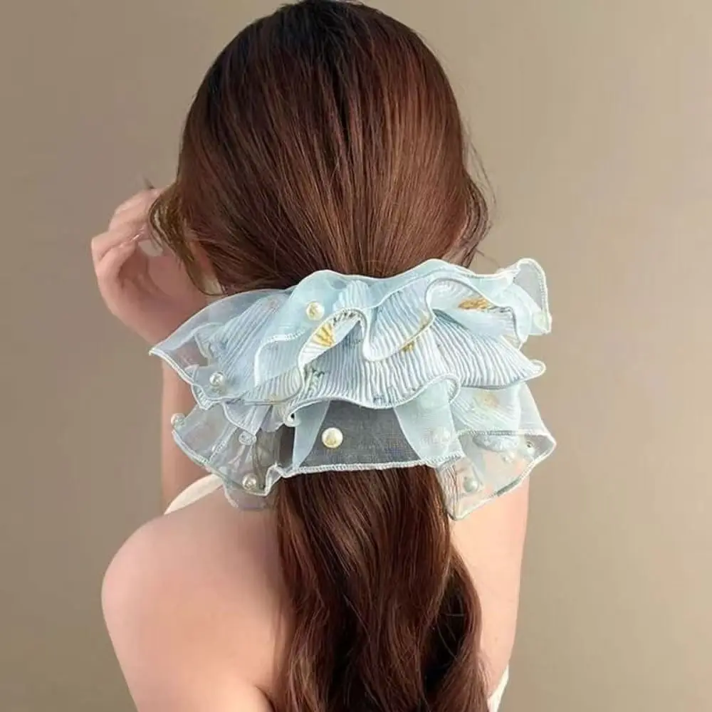 

Chic Elegant Pleated Hair Scrunchies Fabric Elastic Band Hair Ties Flowing Gauze Pearl Accent Hair Ring Women Hair Accessories