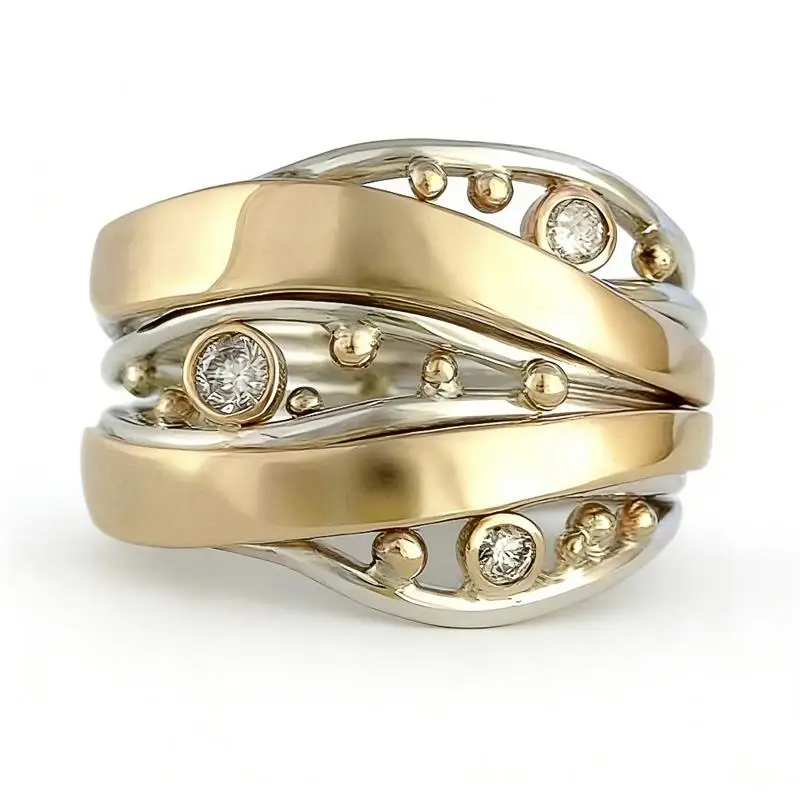 Huitan Modernes Design Damen Zweifarbiger Ring Geometrisch Eingelegte Funkelnde Kubische Zirkonia Mode Party Vintage Accessoires Schmuck
