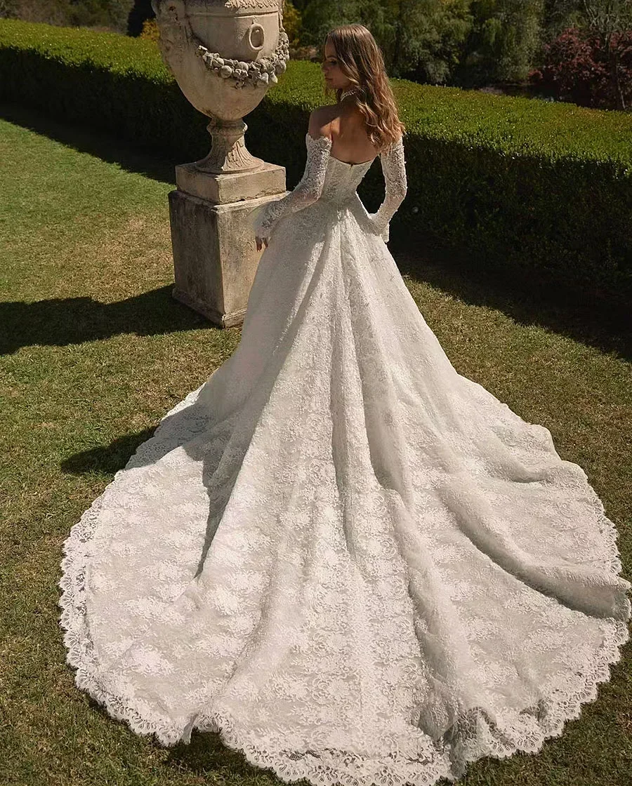 op maat gemaakte sierlijke strapless kant zeemeermin trouwjurk v-hals lange mouwen a-lijn bruidjurken vestido de novia