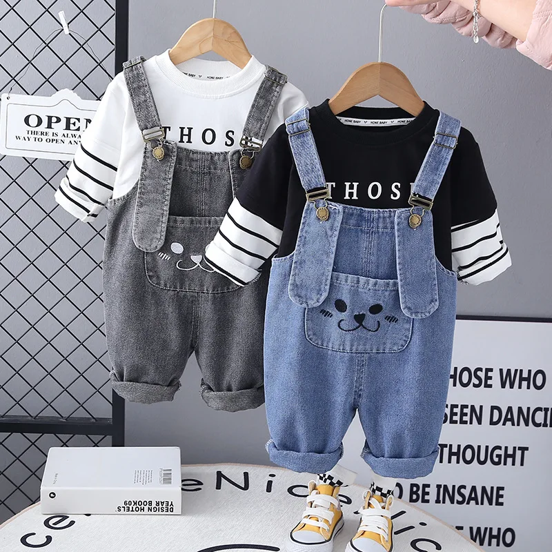 

2025 Fall Boys Denim Overalls Set with Long Sleeve T-Shirt Toddler 2-Piece Outfit for Kids 1-6 Years Cute Casual Autumn Wear
