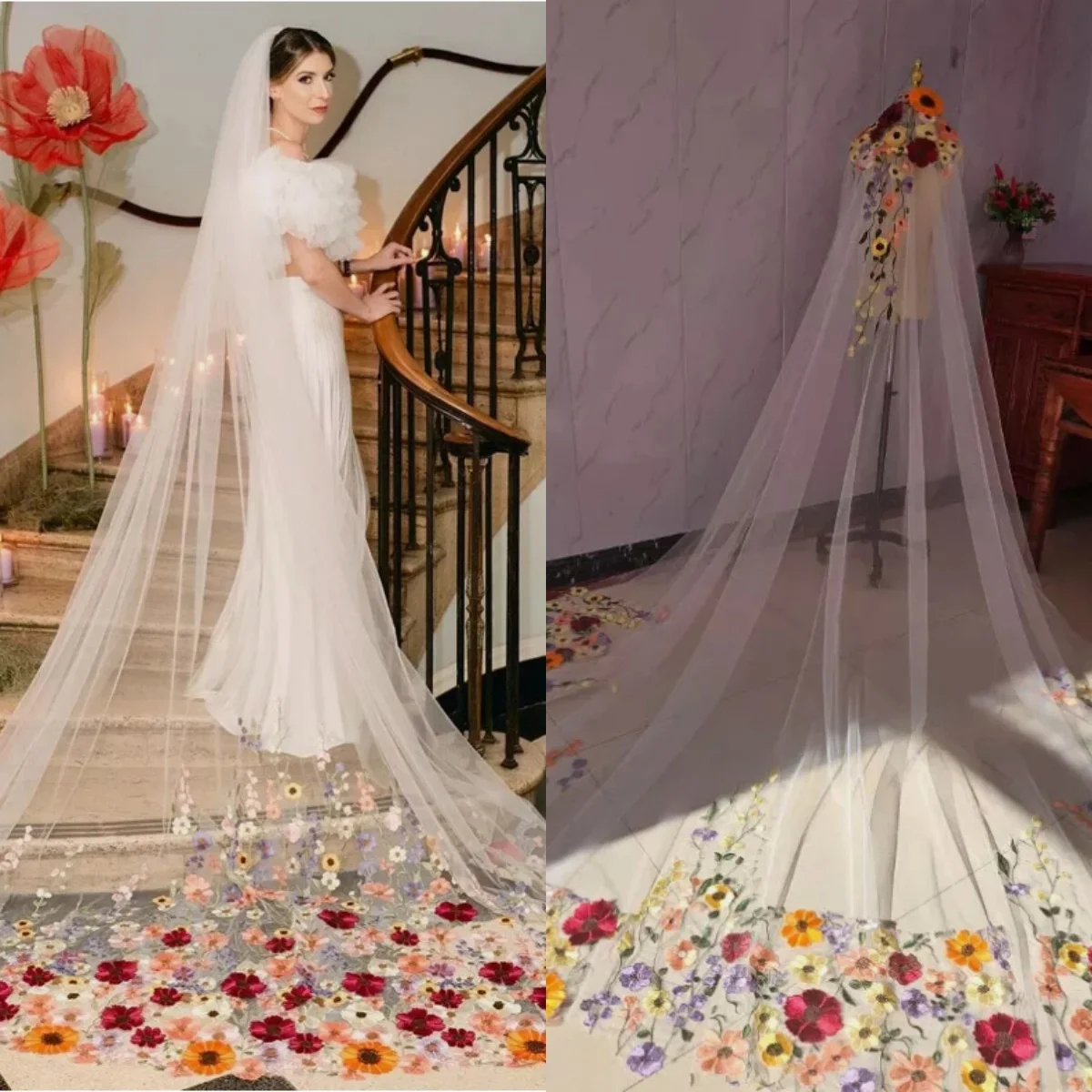 

Colorful Wedding Veil Appliques One Layer Long Cathedral Length Veils Applique Edge Velo De Cabeza Voile Custom Made