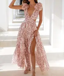 New Fashion Sleeveless Hollowed Out Slim Fit V-neck Ruffle Trimmed Floral Backless Dress For Women,3 Colors