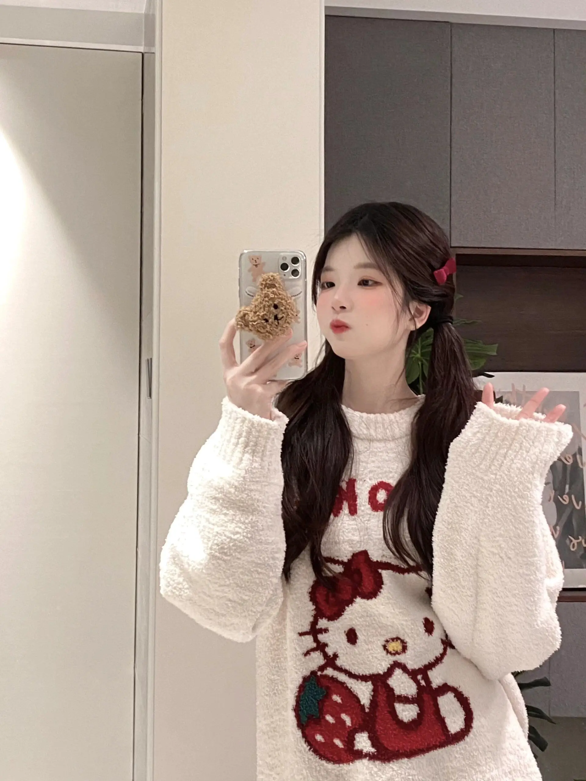 Hello Kitty-Conjunto de pijama de punto de felpa con dibujos animados Kawaii para mujer, ropa de descanso para el hogar, cálida, gruesa y acogedora, para otoño e invierno, 2025