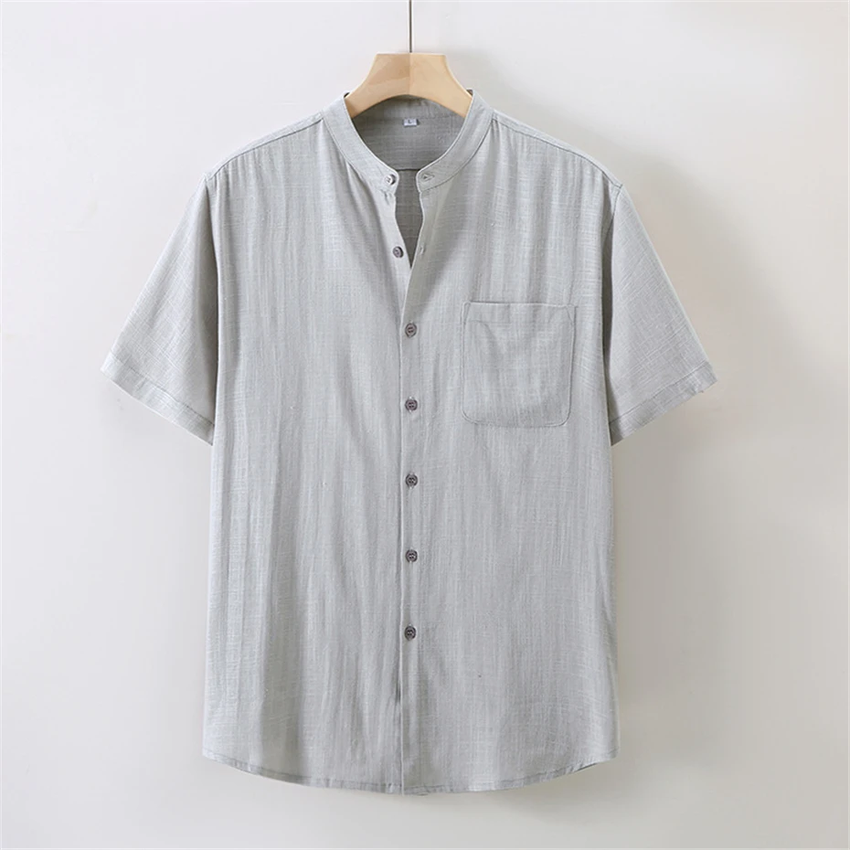 Men's Linen Shirt Summer Short Sleeve Shirts Fashion Casual Solid Color O-neck Shirt Male Plus Size 5XL Linen Tops